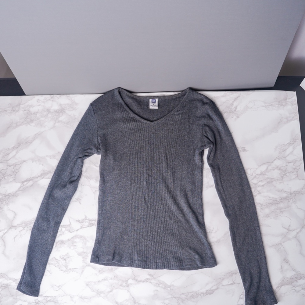 Gap Gray Fitted Sweater Cotton V Neck Pullover Ribbed Lightweight Preppy Neutral